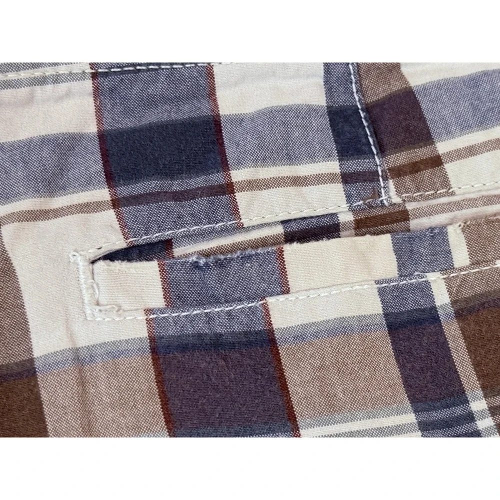 American Eagle Plaid Shorts Mens 36 Brown Blue Flat Front Casual Preppy Chino